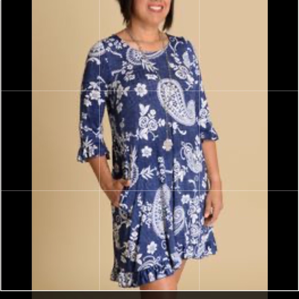 Honeyme Blue Paisley Vines Ruffle Dress sz Large